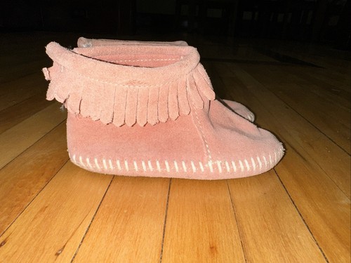 MINNETONKA LEATHER MOCCASINS 2-TIERED FRINGED Toddler Girls SZ 6 Light Pink 1180 - Picture 4 of 10