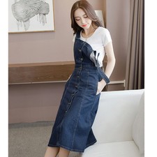Gonna A Tubino Blu In Jeans Denim Con Pantalone A Braces E Spacco Frontale