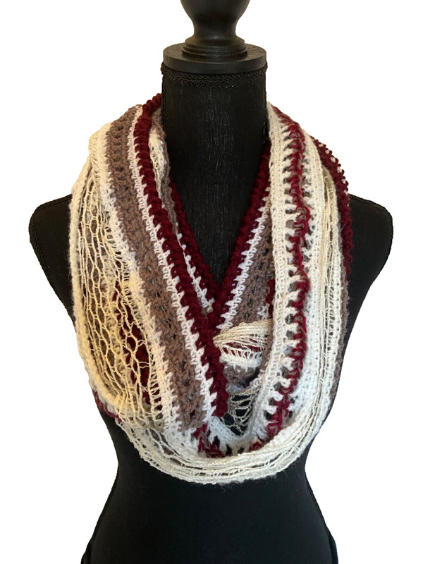 Ob.D.Handmade, Hand Crocheted, Mesh Infinity Dress Scarf, Burgandy, Mocha, White