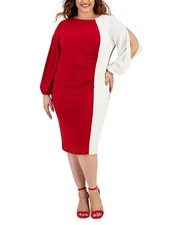 /LX040/ Kasper Plus Colorblock Split-Sleeve Jersey Dress Red /Cream Sz 1X $99