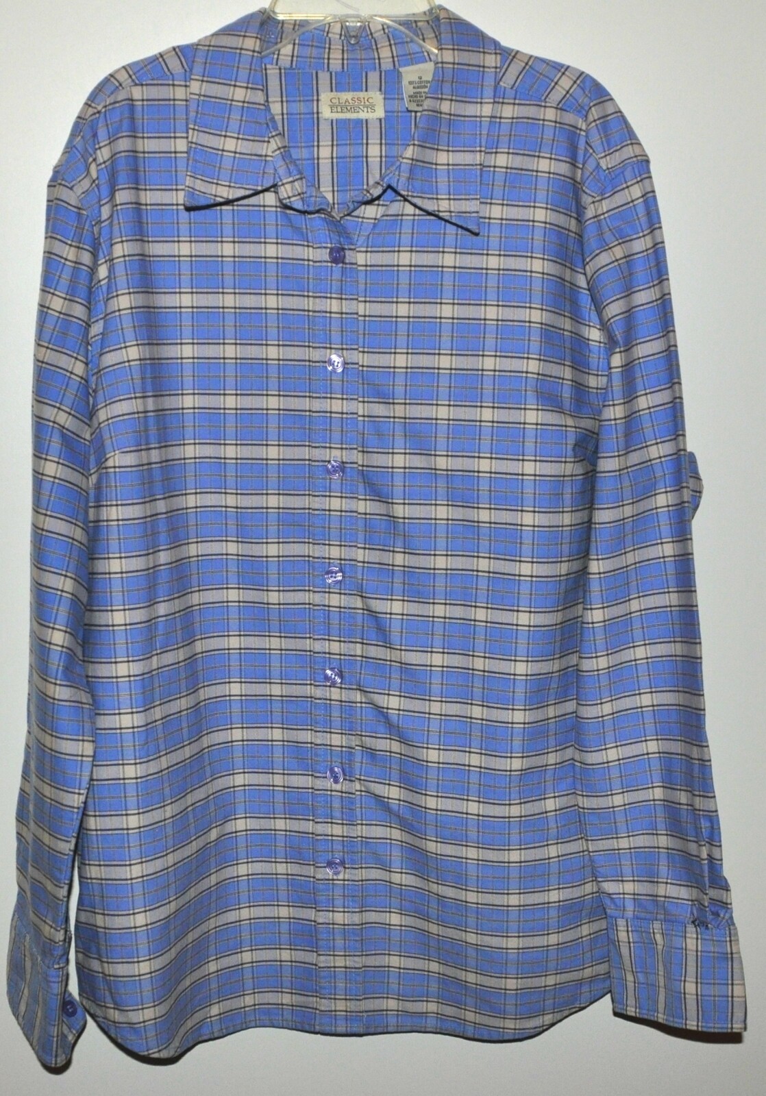 Classic Elements Button Front Top Cotton Blue Pla… - image 1