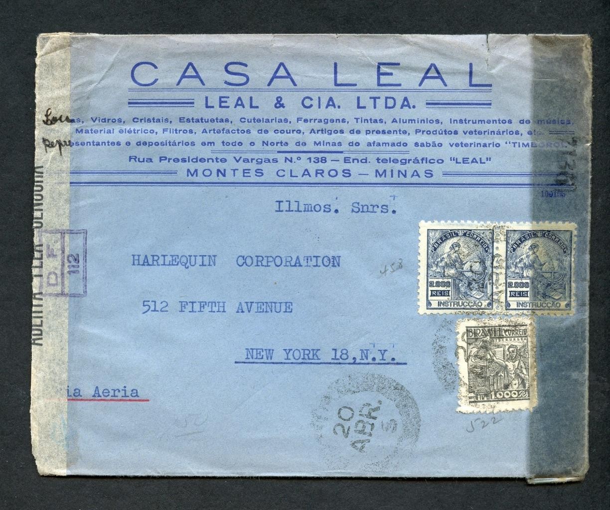 #1837- BRAZIL 1945 -CENSORED COVER - MONTES CARLOS TO NEW YORK