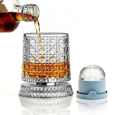 Rotating Whiskey Glass with Large Ice Mold, Single Spinning Crystal Bourbon &...