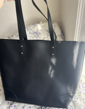 Women’s Black Faux Leather Tote Bag, Double Handles, Silver Hardware, Solid