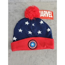 Marvel Captain America Beanie Hat Blue Red White Stars Pom Pom