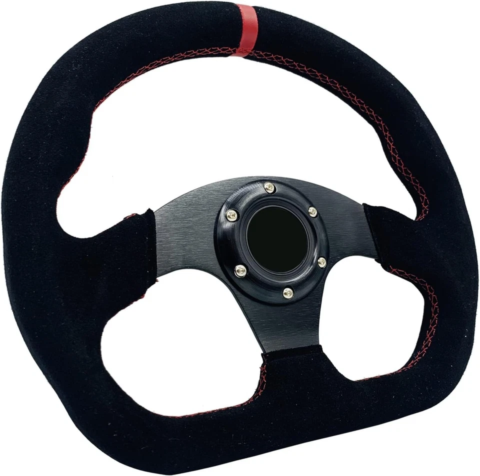 13" Red Stripe D-Shaped Suede Leather Racing Steering Wheel with Flat Bottom - Image 3 of 4
