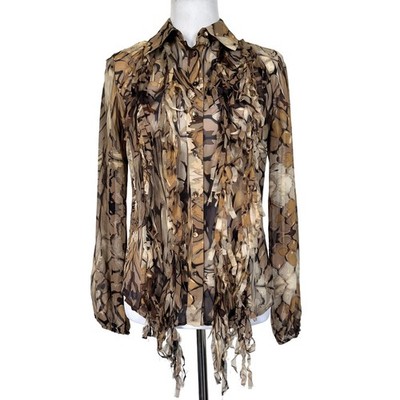 Per Se Silk Blouse Button Front Fringe Ruffle Front Brown Print Sheer Women s 2