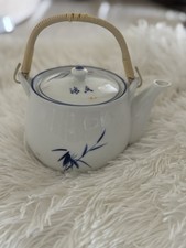 Vintage Asian Tea Set Blue White Bamboo Teapot 6 Cups