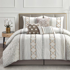 7 Piece Queen Comforter Set Taupe Bed in a Bag Embroidered Bedding Set