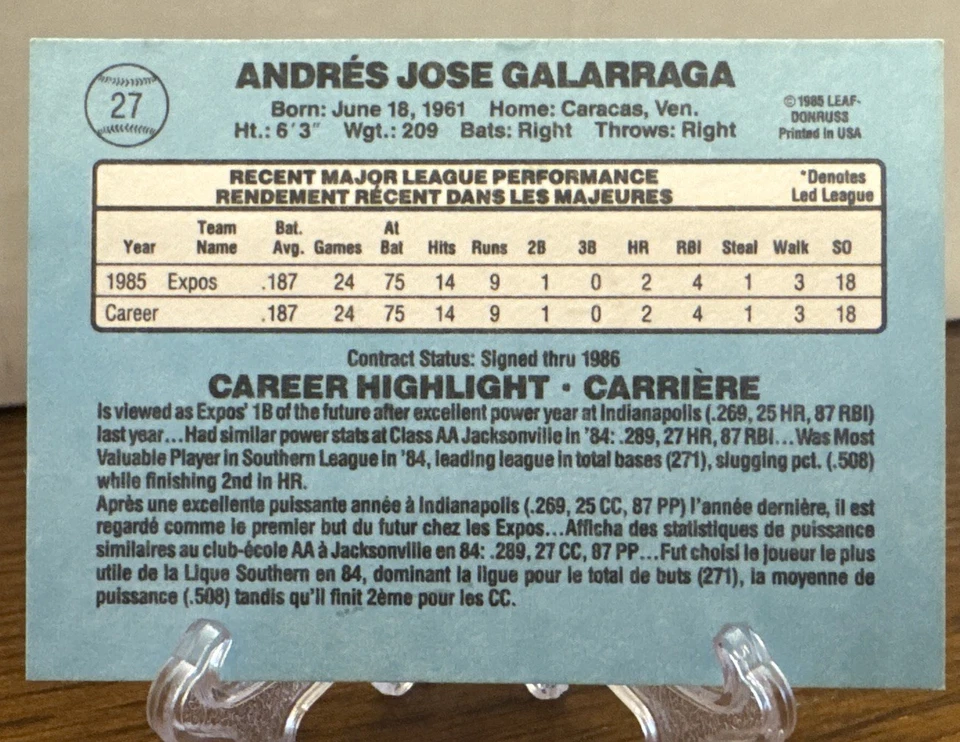 Hoja 1986 clasificación canadiense novatos Andrés Galarraga #27 (RC, AU) Foto 2 de 2