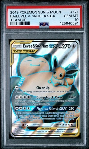 2019 POKEMON SUN & MOON TEAM UP #171 FULL ART/EEVEE & SNORLAX GX PSA 10