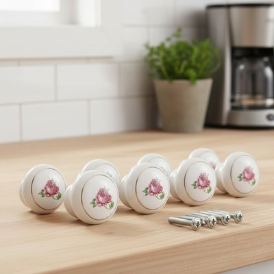Vintage Floral Ceramic Knobs - 1-1/2 Inch Hand Painted Drawer Pulls - 6 Pack