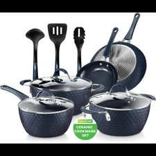 Nutrichef 11 Pc Blue Diamond Nonstick Ceramic Cookware Set - Durable Pots and Pa