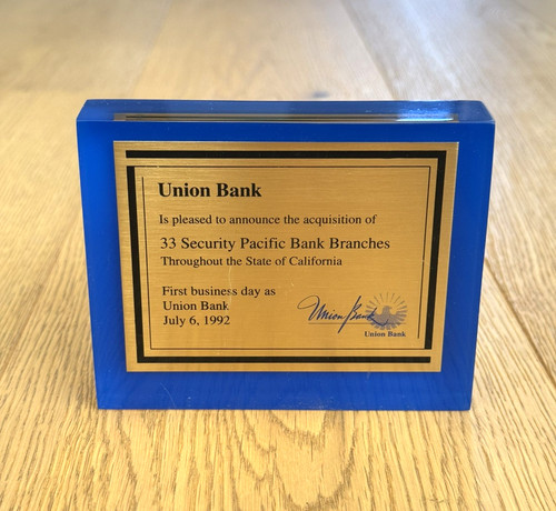 Vtg Union Bank (of California) Plaque Security Pacific Branch Acquisition 1992
