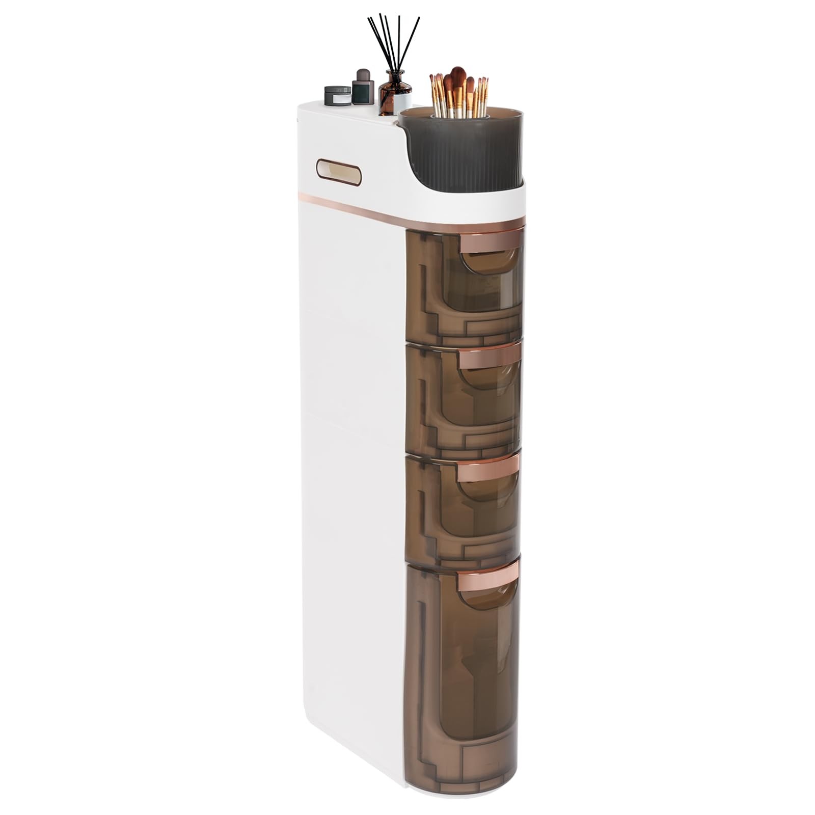 4 Drawers Narrow Slim Bathroom Storage Cabinet (White+Tawny)