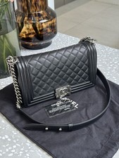 Chanel Boy Medium Black Caviar Silver HW Flap Bag Auth