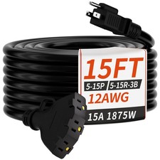 15 FT 12 Gauge Outdoor Extension Cord with Multiple Outlets Flexible 3 Outlet
