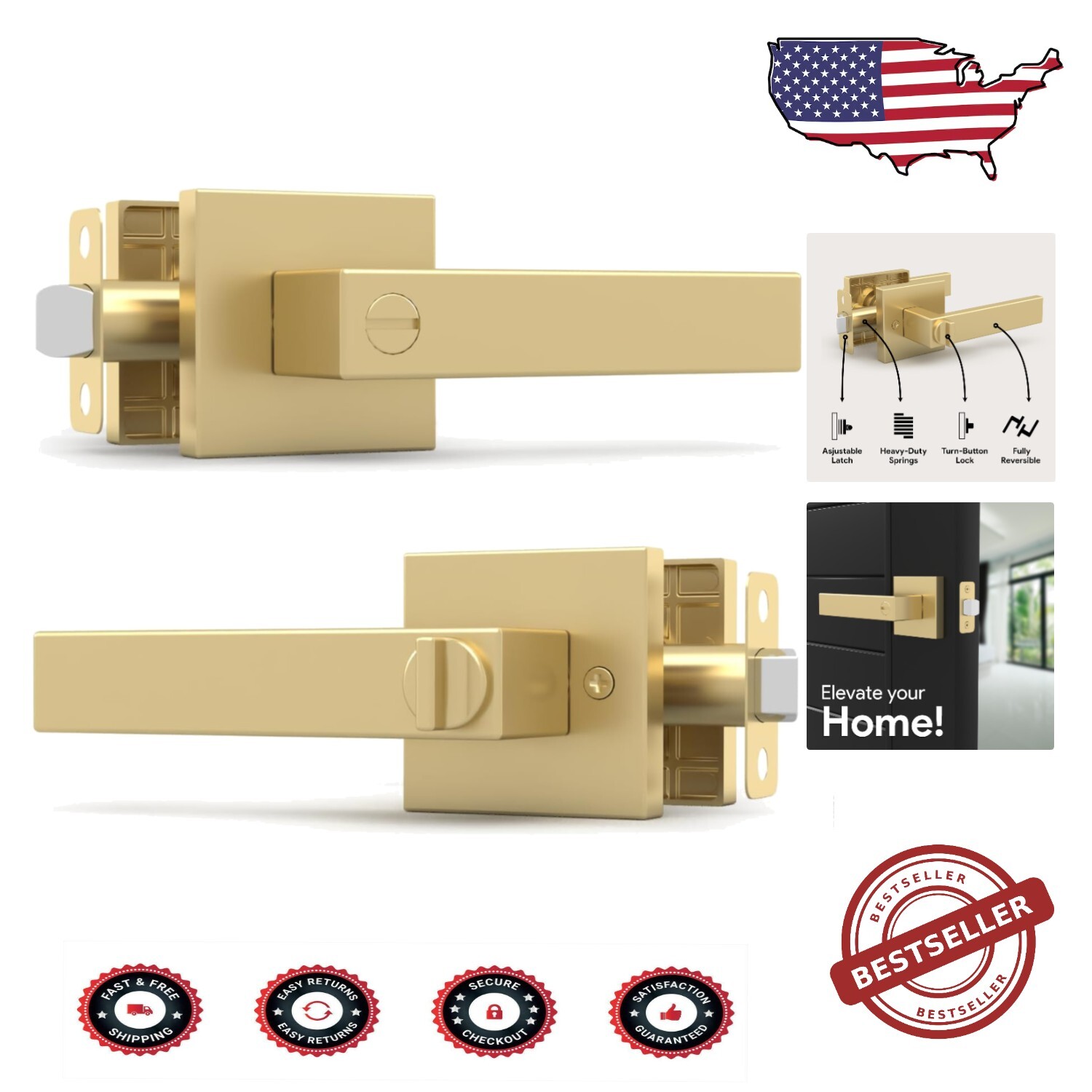 Reversible Privacy Door Handle with Lock - Quick Installation in Satin Brass-image