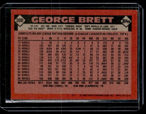 1986 Topps George Brett #300 HOF - Picture 2 of 2