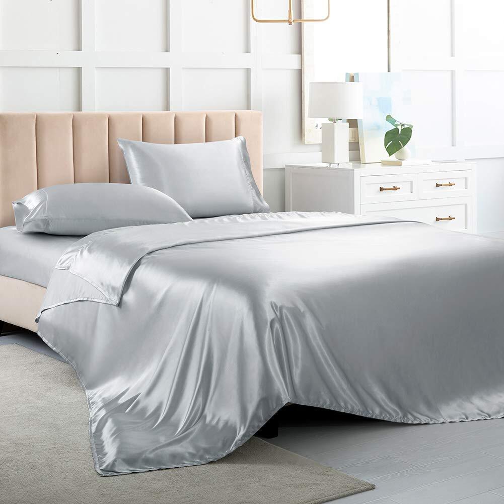 Satin Bed Sheets Full Size Sheet Sets, Silver Grey Silk Sheets, 4 - Pieces So...-image