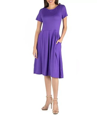 24seven Comfort Apparel Dress Women's M Purple Pullover Style Short Sleeves