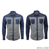 Mens Cotton Denim Blue Grey Western Long Sleeve Pocket Slim Fit Spike Stud Shirt Mens Cotton Denim Blue Grey Western Long Sleeve Pocket Slim Fit Spike Stud Shirt