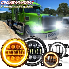 for Freightliner Coronado 7'' LED Headlight Round Projector Hi/Lo+ 4'' Fog Light