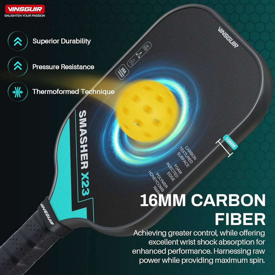 VINSGUIR Pickleball Paddle, 16MM Carbon Fiber Pickleball Paddle with