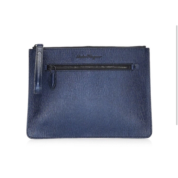 New Auth Salvatore Ferragamo Unisex Zip Blue Leather Document Holder Clutch $850 - Image 4 of 4