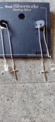BELK SILVERWORKS Threader 3.5'' Drop Earrings Sterling Silver CROSS FAITH HOPE 