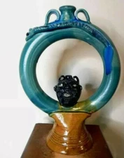 Unique Randy Tobias Folk Art Ring Jug with Snake and Pottery Face -15'' x 11'' 