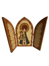 Madonna and Child Vintage Hand Painted Wood Hinged Door Alter Shrine 9"