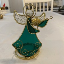 Stained Glass Angel W/ Violin  5  w/ Green Dress Standing Sun Catcher Gold Tone