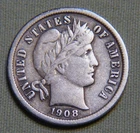 1908 United States Silver Barber Dime - XF / EF High Grade Details - Lot 1559