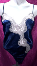 Vintage Blue Satin Lace Teddy Bodysuit Lingerie Size L