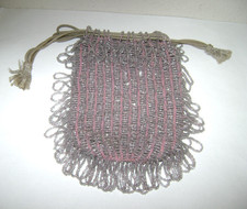 Antique Glass Beaded Drawstring Purse, Flapper 6 1/2" x 5 1/2", Gray over Pink