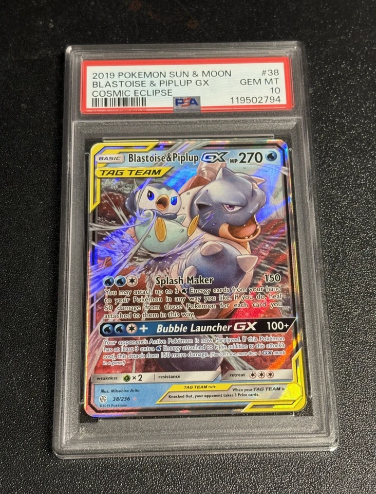 BLASTOISE & PIPLUP 2019 Pokemon Sun & Moon COSMIC ECLIPSE Holo #38 GX PSA 10 HOT - Image 2 of 4