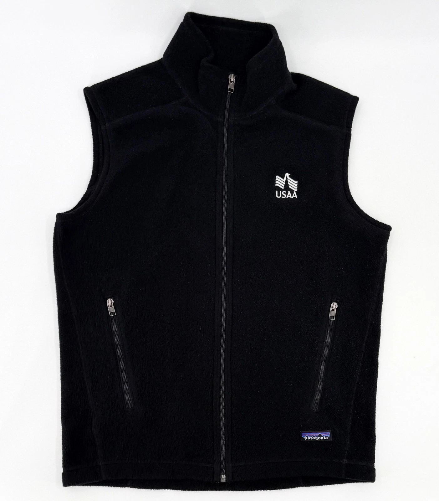 Patagonia Vest Mens Medium Black Synchilla Sweater Fleece Full Zip USAA Logo