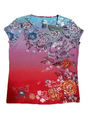 NEW CHICO’S Woman’s Floral Print Short Sleeve Tee Multicolor sz 1
