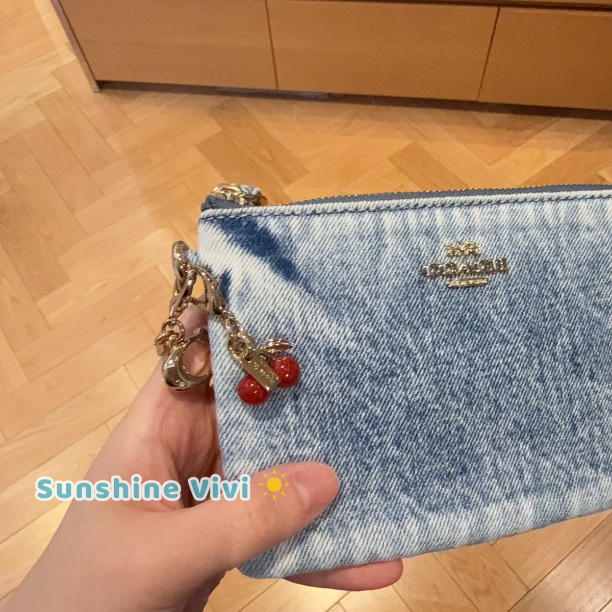 NWT Coach Corner Zip Wristlet Loved Denim With Charms CEF82 Gold
