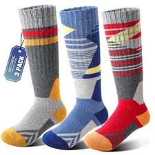 Kids Merino Wool Ski Socks 3 Pairs Boys Girls 4-7 Years Red/Dark Blue/Grey