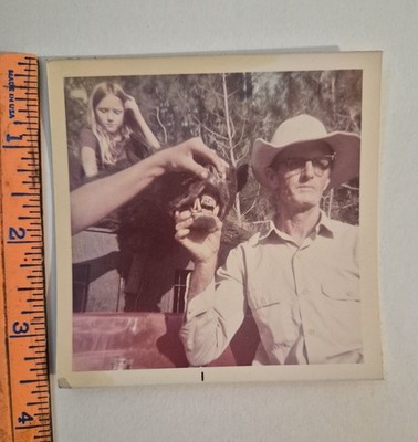 Vintage Found Photo Snapshot Man & Girl With Hunted Bear Teeth  1970's FL/GA  p