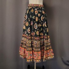 Vintage 70s Bila of California Cotton Mirror Work Boho Crinkle Maxi Skirt Sm
