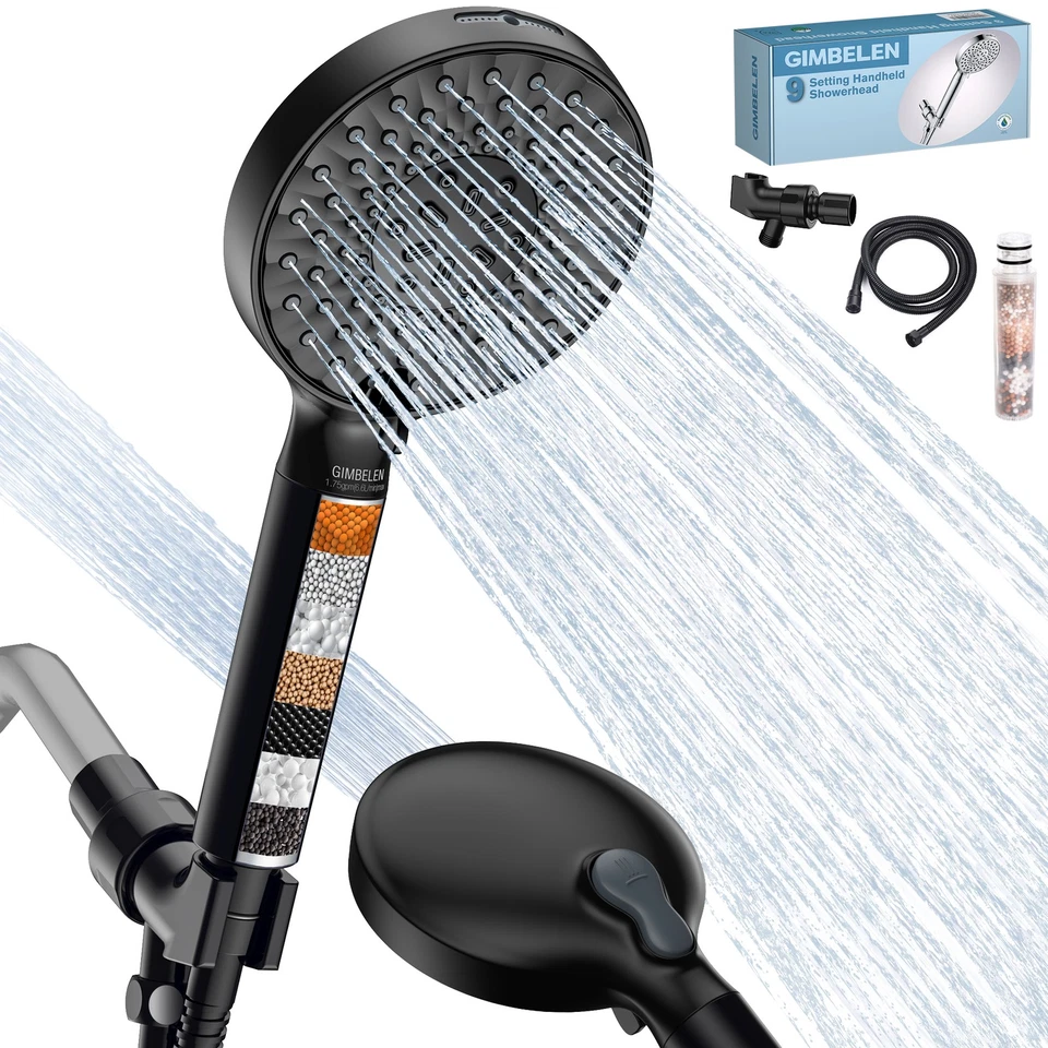 Cabezal de ducha de mano ajustable de alta presión negro mate con soporte filtrado Foto 2 de 4