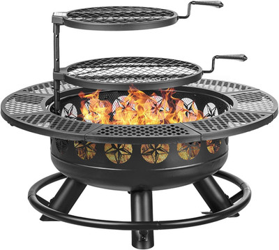 36 Inch Fire Pit with 2 Cooking Grills,Outdoor Wood Burning BBQ Firepit with Lid