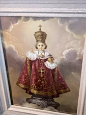 Infant Jesus of PRAGUE religious sacred art lithograph gold paint detail framed