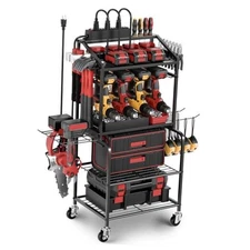 Power Tool Organizer Cart with Charging Station, Garage Floor Standing Rolling 