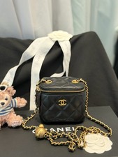 Chanel Vanity Case Black Lambskin Gold Ball on Leather-Woven Chain [Duties Paid]