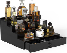 Men's Cologne Organizer 4 Tier Black Wood Perfume Stand with Hidden Storage