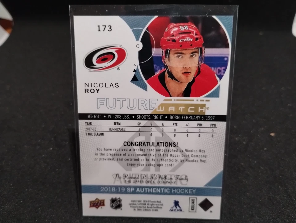 2018-19 Nicolas Roy #173 UD SP Authentic  Future Watch AUTO 174/999 NM - Image 2 of 2
